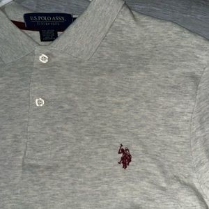 Polo assn. collar neck dress tee. Grey with maroon logo. Size: M